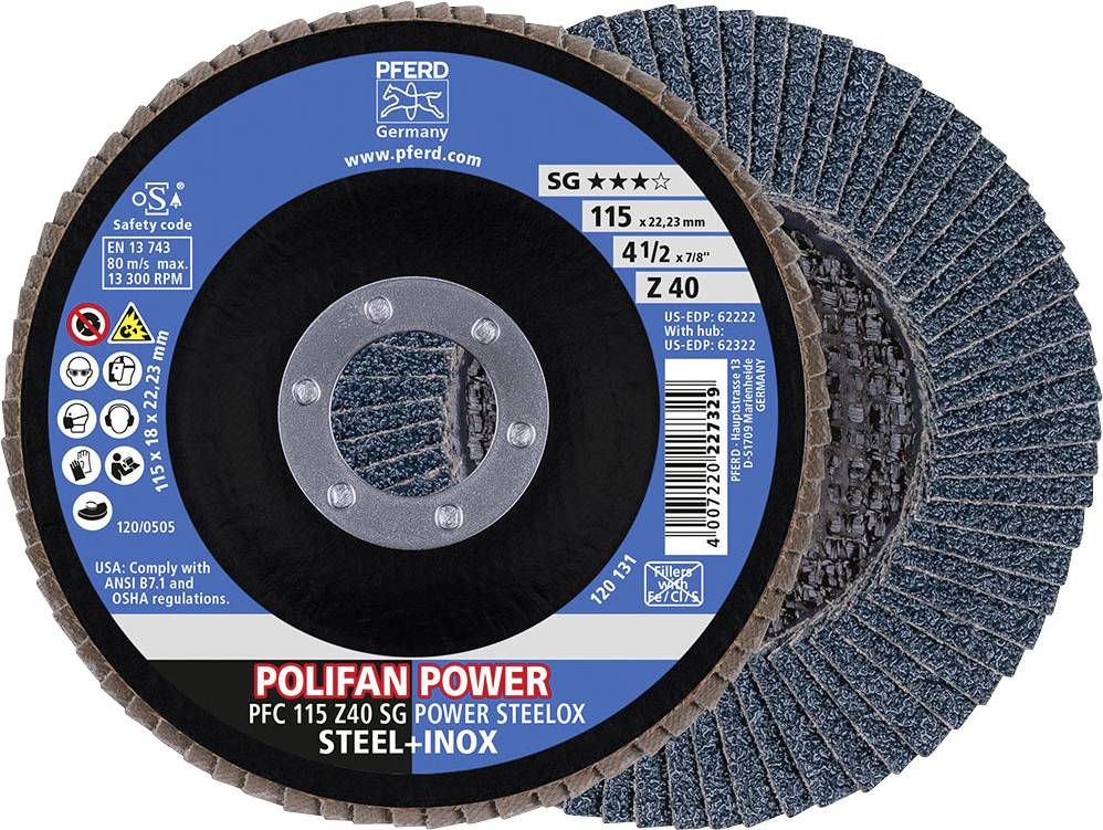 Disque à meuler 'POLIFAN POWER' pour acier et INOX, diamètre 115 mm. Contient des indications de sécurité et de performance sur l'emballage.