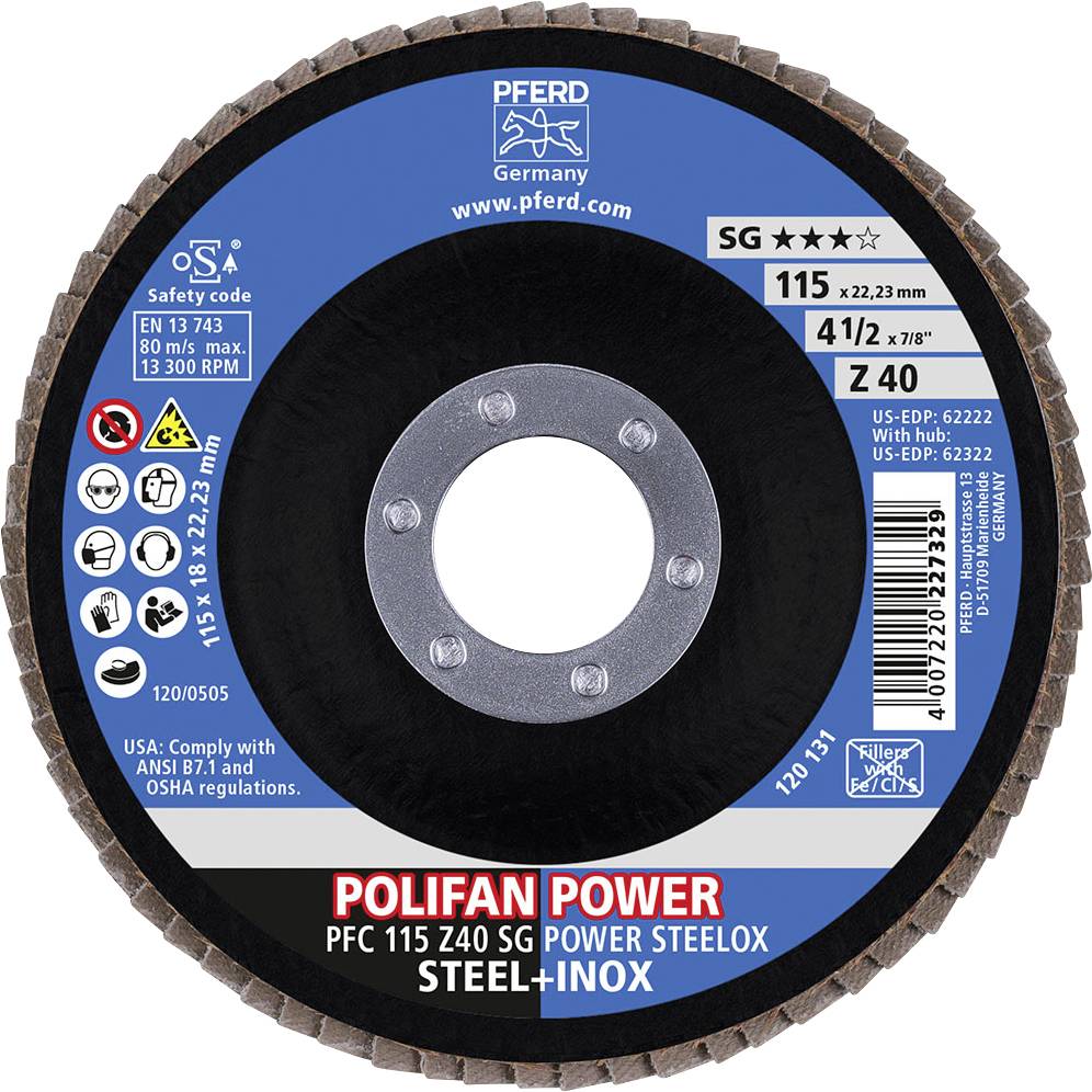 Disque abrasif 'PFERD Polifan Power' avec spécifications : diamètre de 115 mm, 13 300 tr/min, pour acier et inox, type Z 40.