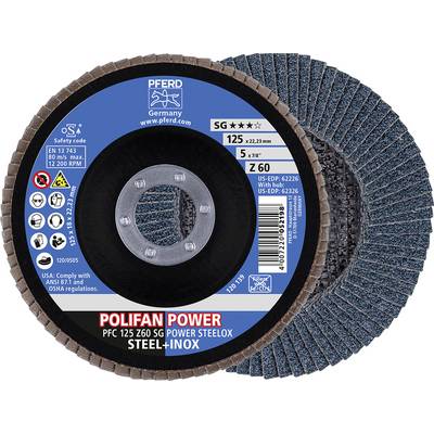 Disque à meuler pour acier et inox, diamètre 125 mm, sans utilisation de liquide de refroidissement. Marque : POLIFAN POWER, Type : PFC 125 Z60 SG.