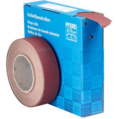 Un emballage bleu portant l'inscription 'Rouleaux de bandes abrasives' contient un rouleau de ponçage brun-rouge, partiellement sorti de l'ouverture.