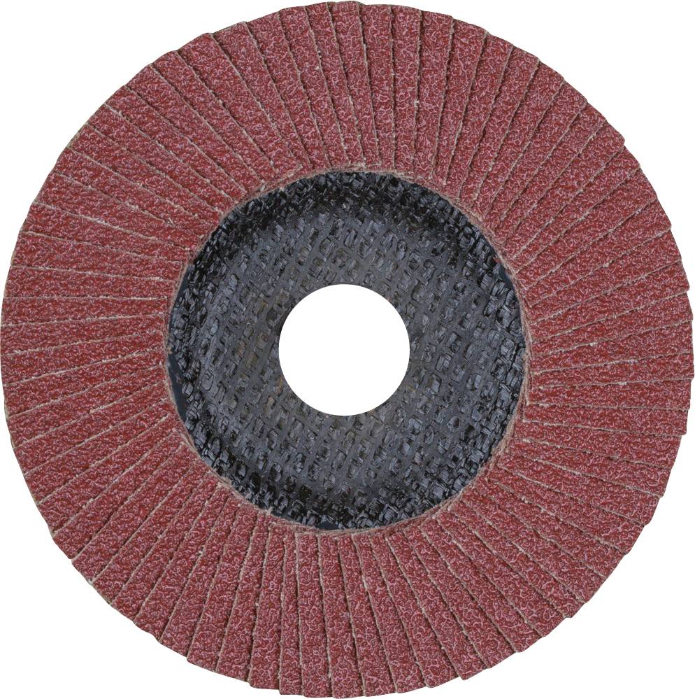'Disque de papier de verre rouge avec un motif concentrique rond, cercle noir au centre.'