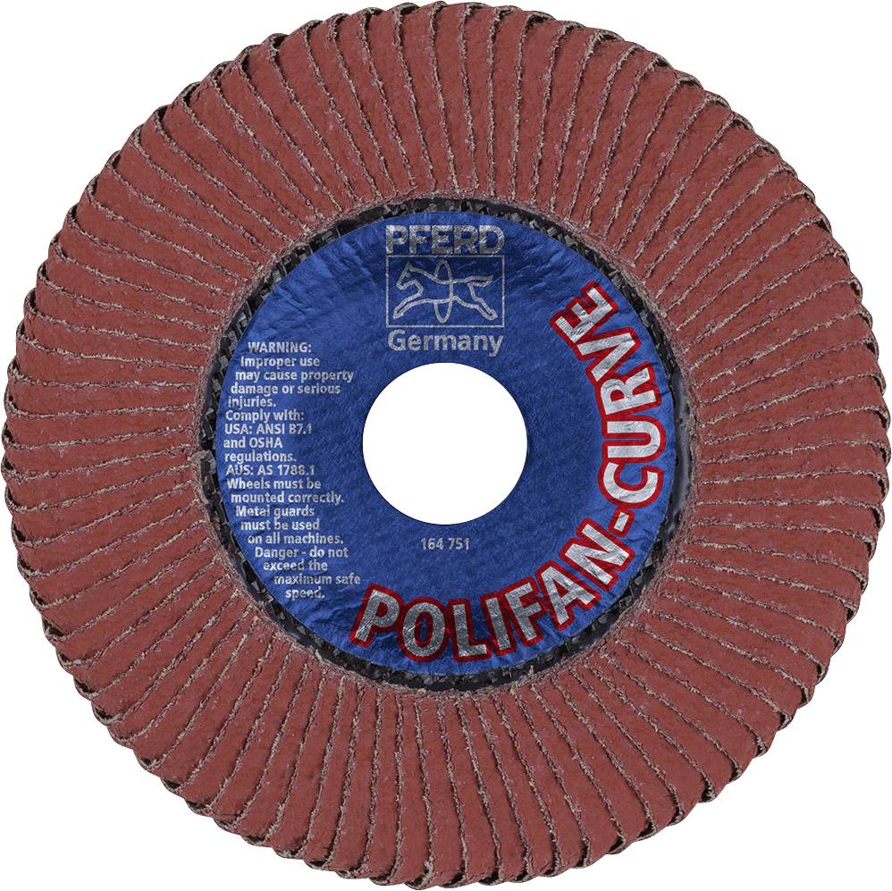 Disque abrasif portant l'inscription 'Polifan-Curve', fabriqué par Pferd en Allemagne. Contient des avertissements et des informations de sécurité.