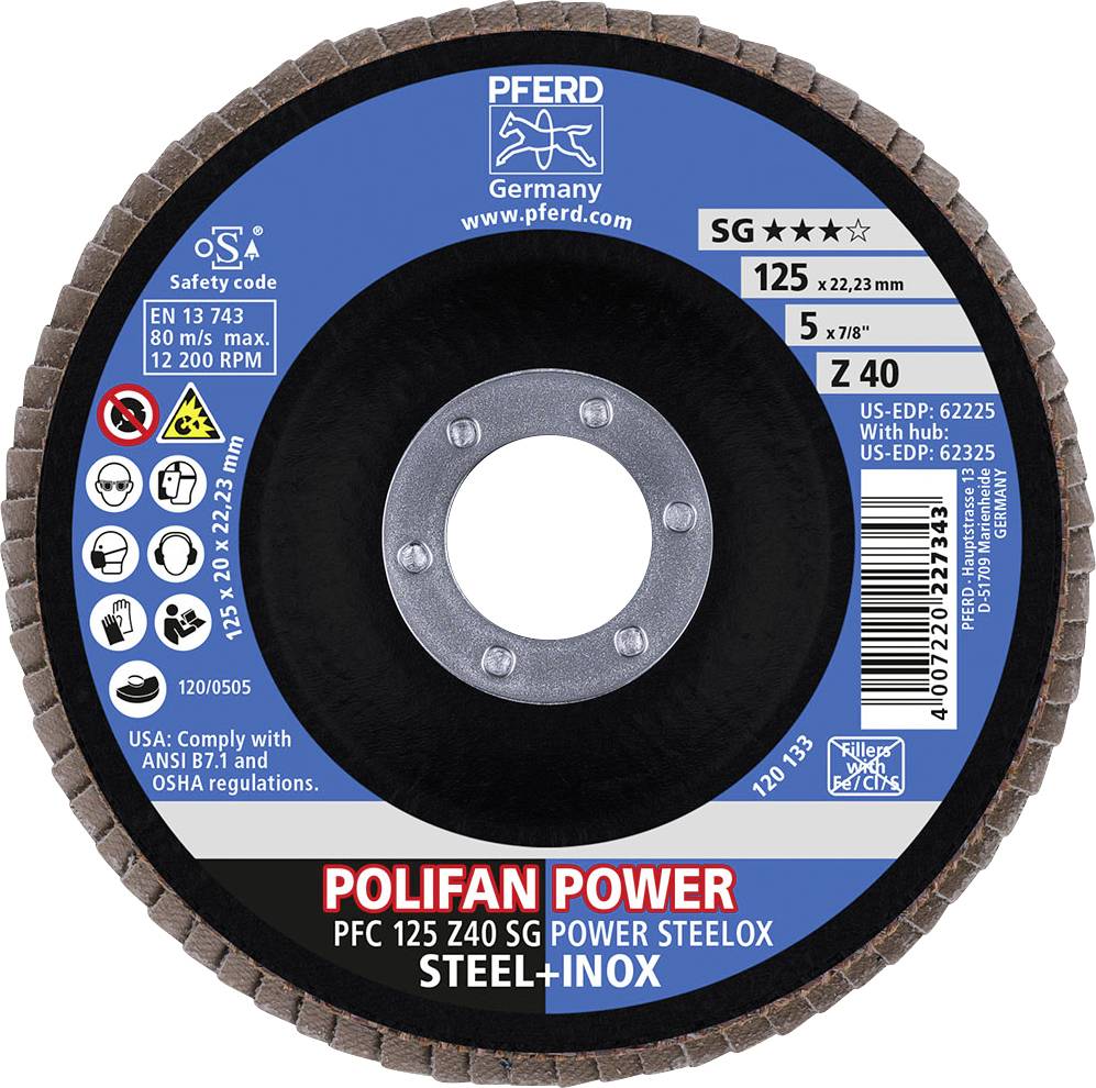 Disque à tronçonner de la marque Pferd pour acier et inox, modèle Polifan Power PFC 125 Z40 SG. Diamètre 125 mm, vitesse maximale 12 200 tr/min.