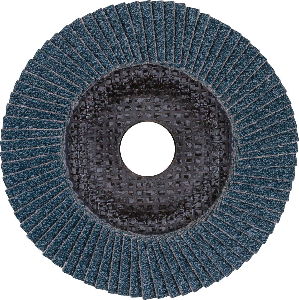 Disque abrasif avec des feuilles abrasives disposées concentriquement et une ouverture centrale, utilisé pour des travaux de meulage sur différentes surfaces.