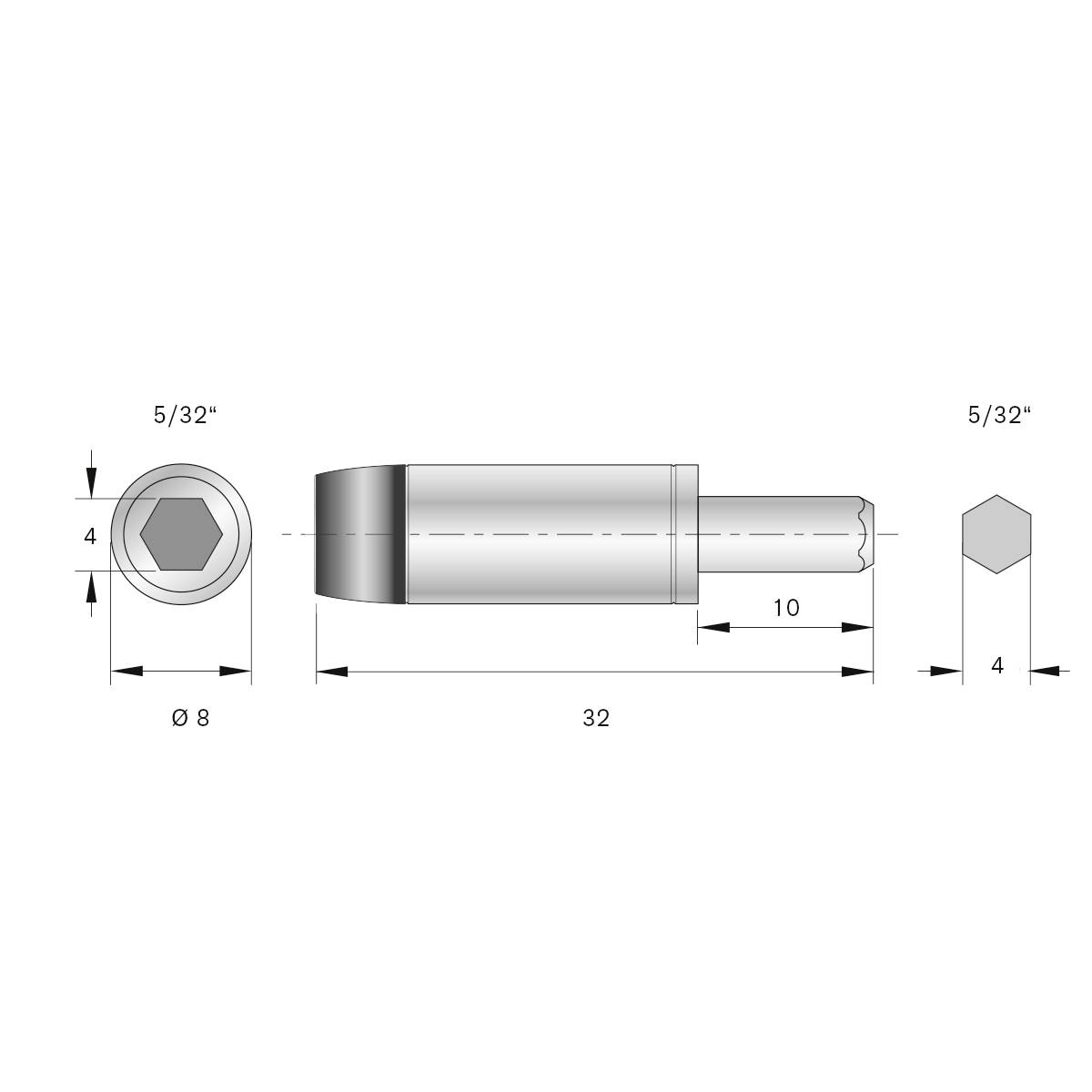 Dessin technique d'un composant cylindrique, long de 32 mm et de 8 mm de diamètre, présentant un évidement hexagonal à une extrémité, avec dimensions indiquées.