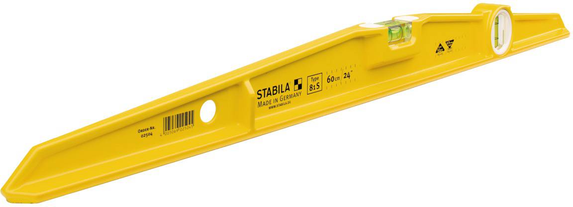 Niveau à bulle jaune de Stabila, long de 60 cm. Contient une bulle pour un mesurage horizontal. Utilisé pour un alignement précis.