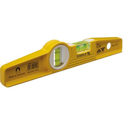 Niveau à bulle jaune portant l'inscription 'STABILA'. Comprenant deux bulles pour mesurer l'horizontalité et la verticalité. Fabriqué en Allemagne.