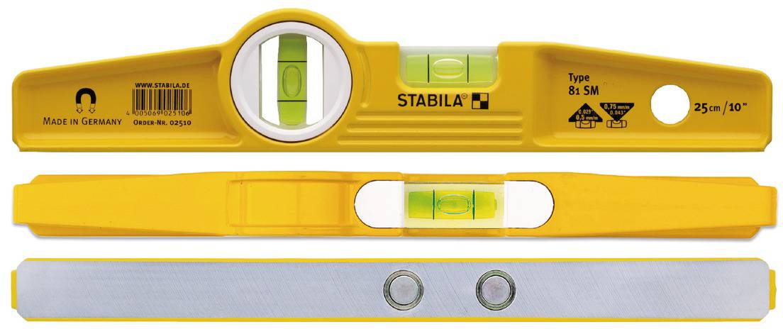 Niveau à bulle avec boîtier jaune et trois bulles, pour un alignement précis. Marquage « Made in Germany ».