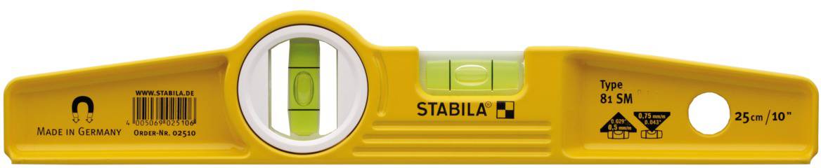 Niveau à bulle jaune avec des marquages pour l'ajustement, inscrit en noir avec la marque 'Stabila', plage de mesure jusqu'à 25 cm avec une précision de 0,5°.
