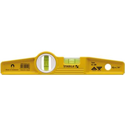 Niveau à bulle jaune avec des marquages pour l'ajustement, inscrit en noir avec la marque 'Stabila', plage de mesure jusqu'à 25 cm avec une précision de 0,5°.