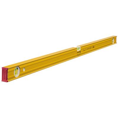 Niveau à bulle jaune avec deux fioles pour un alignement horizontal et vertical. Une extrémité est marquée en rouge.