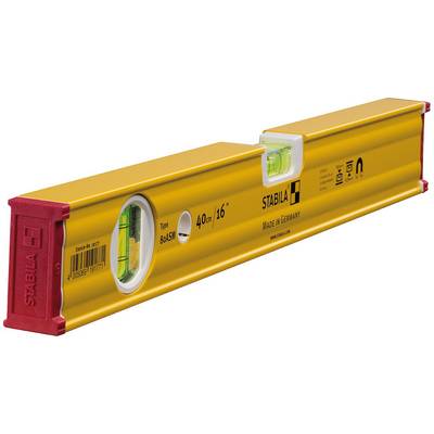 Niveau à bulle en jaune avec deux fioles pour mesurer les lignes horizontales et verticales. Marque 'Stabila' avec protection rouge aux extrémités.