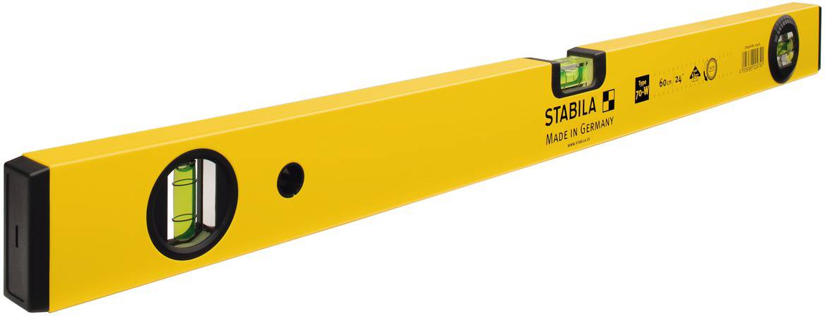 Niveau à bulle de la marque Stabila en jaune vif, doté de deux bulles intégrées pour un alignement précis des surfaces.