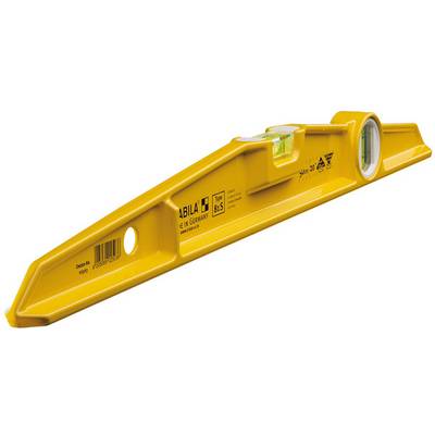 Niveau à bulle en plastique jaune, indiquant l'horizontalité. Porte le nom de la marque et les détails de fabrication sur sa surface.