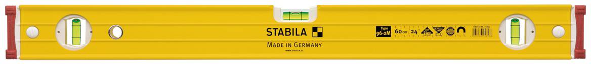 Niveau à bulle en métal jaune avec trois tubes de visée, de marque 'Stabila', fabriqué en Allemagne.