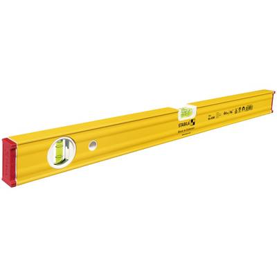 Niveau à bulle jaune avec deux fioles, embouts rouges et marquages pour un alignement et un nivellement précis.