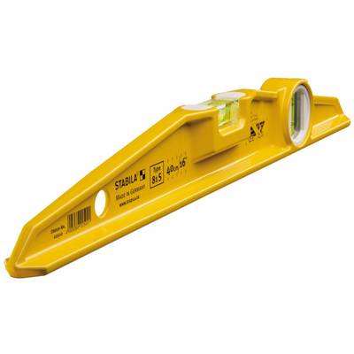 Niveau à bulle jaune avec deux fioles, adapté pour des mesures précises. Texte 'STABILA', 'Made in Germany', longueur de 40 cm visible.