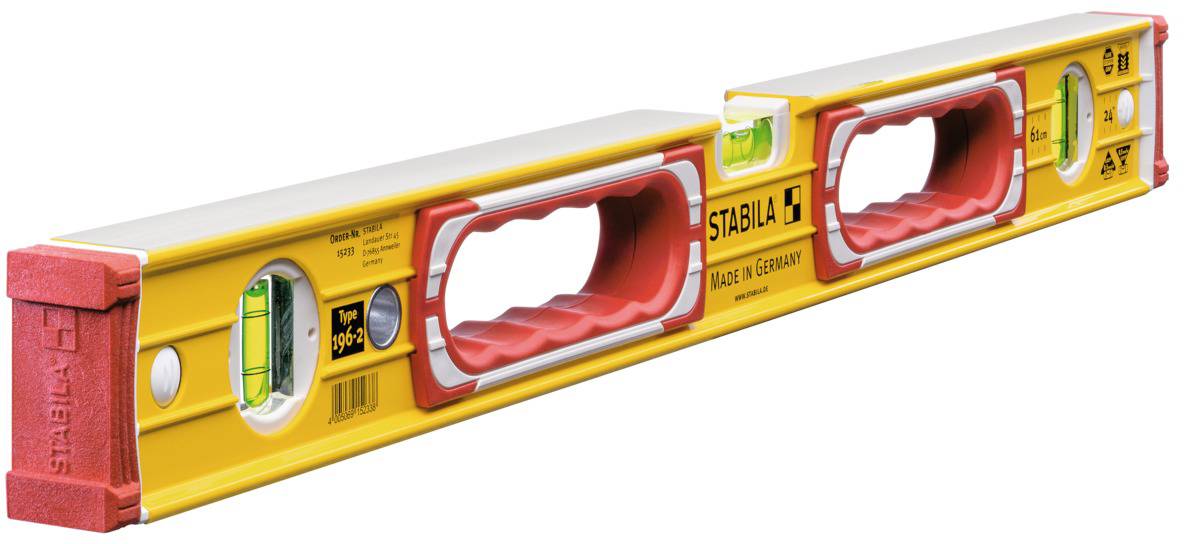 Niveau à bulle 'Stabila', jaune avec embouts rouges, trois bulles de nivellement. Fabriqué en Allemagne.