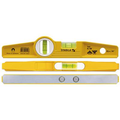 Niveau à bulle jaune clair avec bulle cylindrique et base métallique. Fabricant : Stabila. Longueur : 25 cm. Fabriqué en Allemagne.