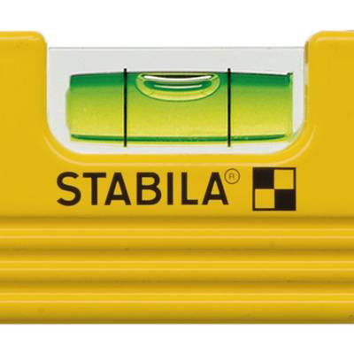 Niveau à bulle jaune avec une bulle verte au centre ; nom de marque 'Stabila' en dessous.