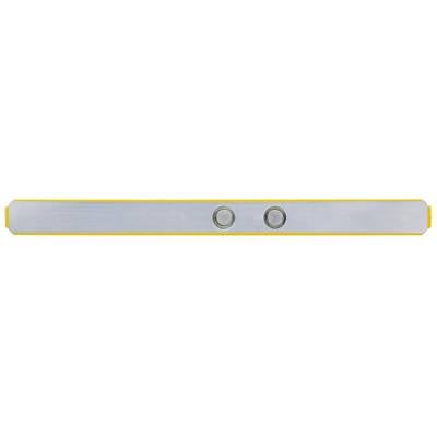 Niveau à bulle numérique avec deux bulles sur une surface rectangulaire grise, encadré de bords jaunes.