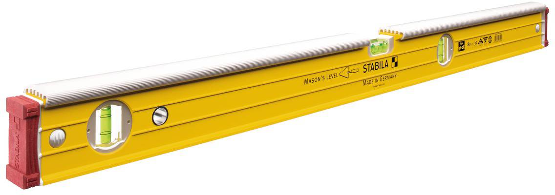 Un niveau à bulle jaune avec des embouts de protection rouges et trois bulles pour mesurer l'alignement horizontal et vertical.