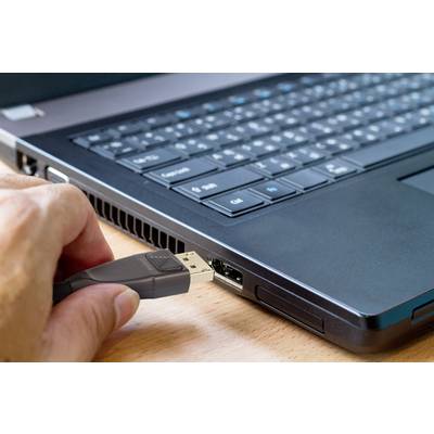 Une main insère un câble USB dans le port d'un ordinateur portable.