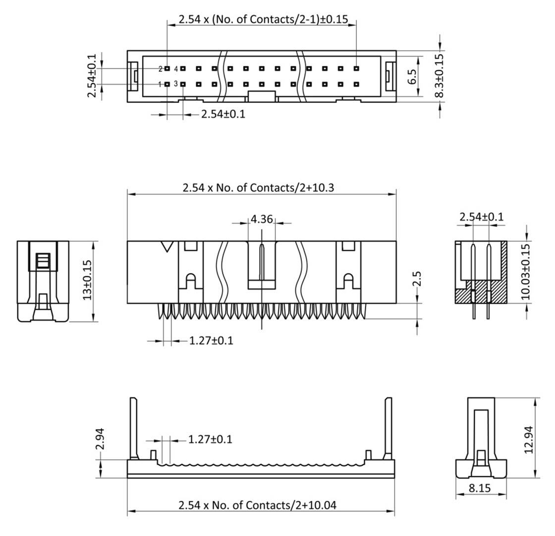 Dessin technique d'un connecteur avec indication des dimensions en millimètres. Présente les vues de face, de côté et de dessus avec détails.