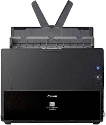 Un scanner de documents Canon noir avec alimentation papier par le haut, adapté pour un scan rapide de documents dans les bureaux ou à la maison.