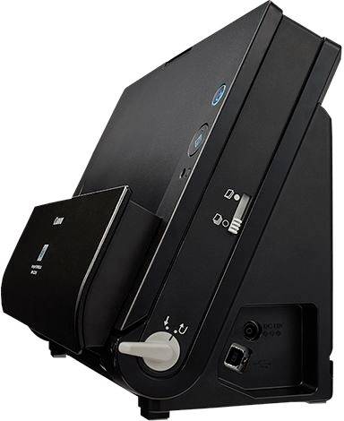 Un scanner noir vu de côté. Les commandes et les ports sont visibles. Idéal pour les applications de bureau.