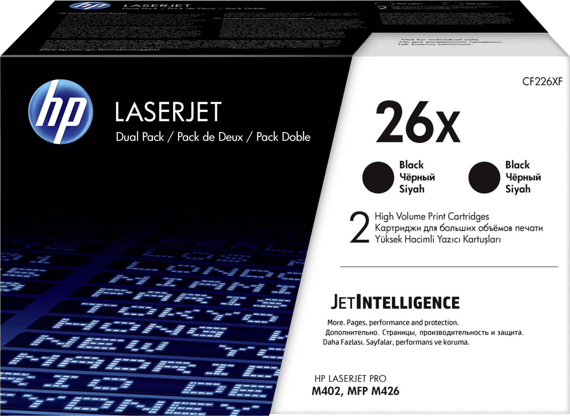Pack de deux cartouches de toner 'HP LaserJet 26X' pour imprimantes M402 et MFP M426. Inscription : 'JetIntelligence, Haute capacité d'impression.'