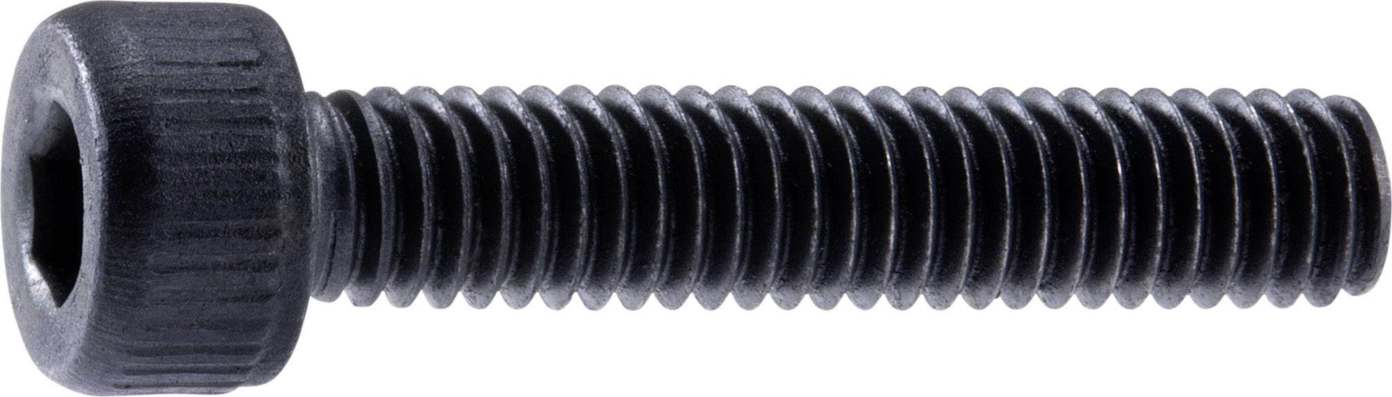 Une vis hexagonale noire à filetage, tête cylindrique et empreinte hexagonale, utilisée dans les connexions mécaniques.