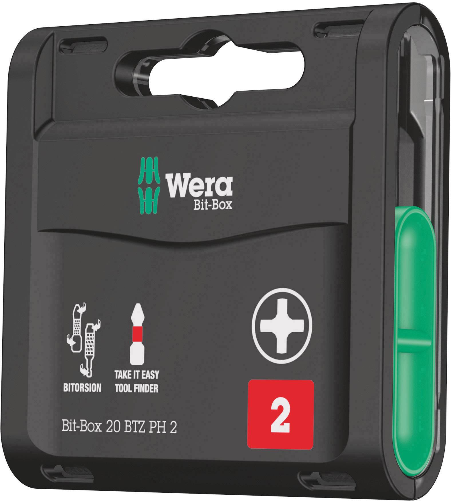 Boîte à embouts noire de Wera avec détail en plastique vert. Contient un embout de tournevis PH 2. Logo de marque et symboles pour l'insertion d'embout.