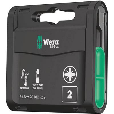 Boîte noire pour embouts de Wera avec détail vert, imprimée avec des illustrations sur l'utilisation des embouts. Modèle 'Bit-Box 20 BTZ PZ 2'.