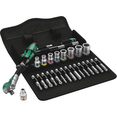 Ensemble d'outils dans un sac, comprenant une clé à cliquet, des douilles et des embouts de différentes tailles. Bien rangé pour un accès facile.