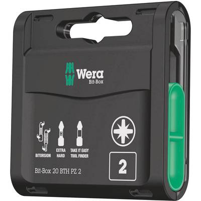 Une boîte à embouts Wera noire avec un accent vert, contenant des embouts de taille 2 PZ, marqués 'BTORSION', 'EXTRA HARD', 'TAKE IT EASY TOOL FINDER'.