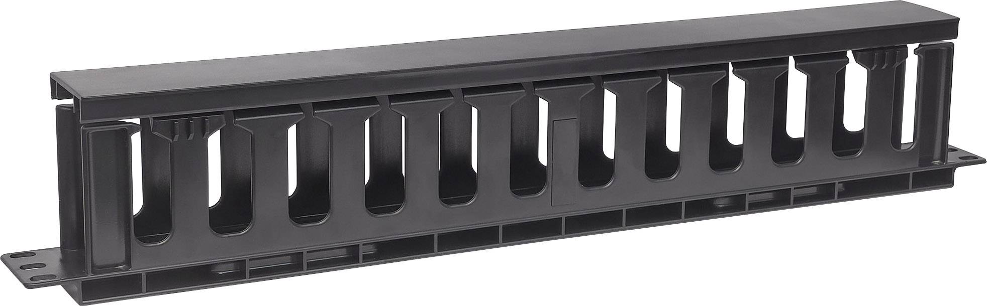 Gestionnaire de câbles en plastique noir avec cadre rectangulaire et fentes ouvertes, pour l'organisation méthodique des câbles dans les baies informatiques.