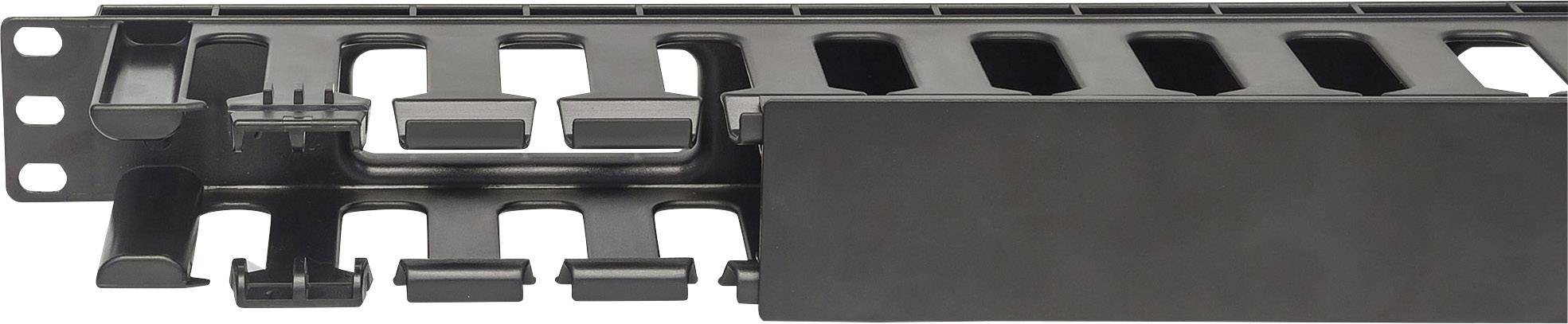 Un système de gestion de câbles en plastique noir pour le routage ordonné des câbles dans une armoire réseau ou serveur.