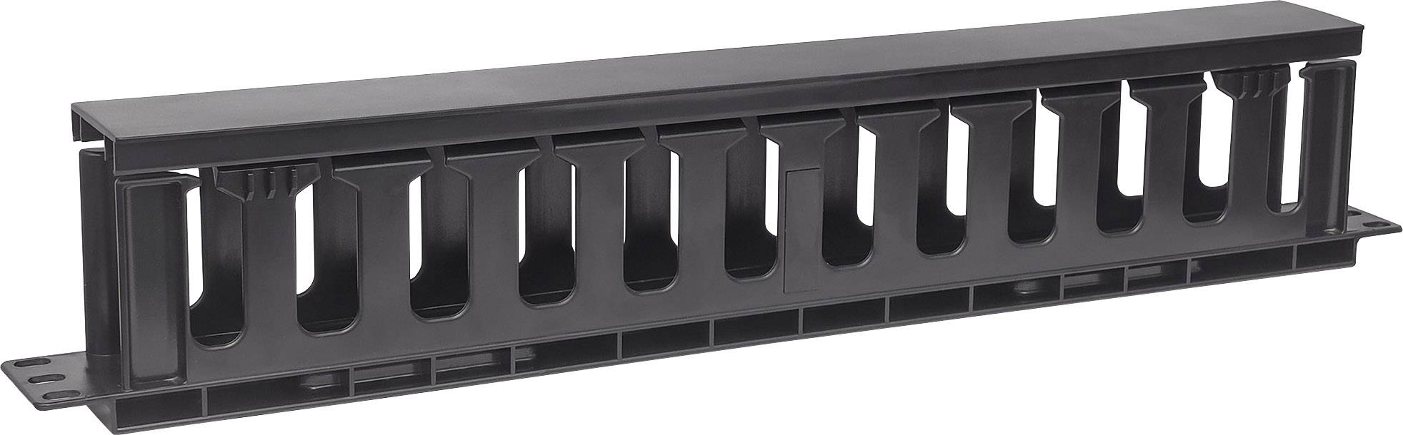 Panneau de gestion de câbles noir pour un guidage et une organisation appropriés des câbles dans une armoire serveur ou réseau.