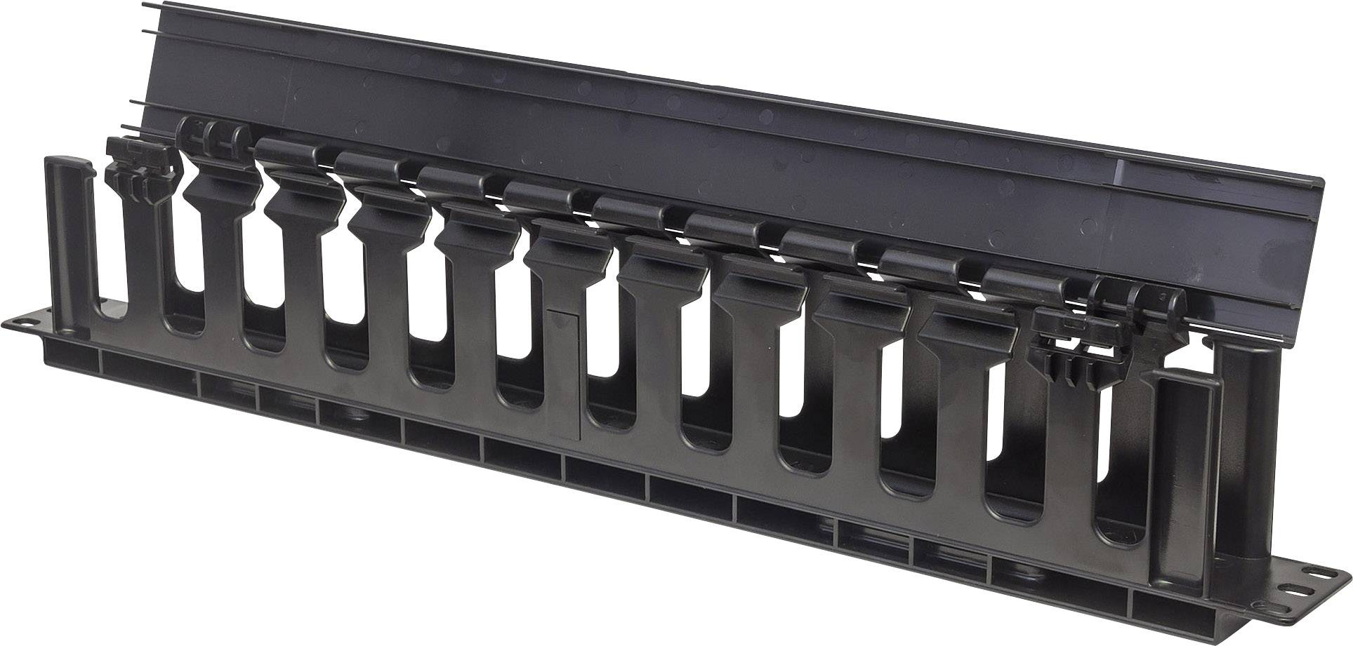 Unité de gestion de câbles en plastique noir avec supports ouverts pour l'organisation des câbles, généralement utilisée dans les baies de serveurs.