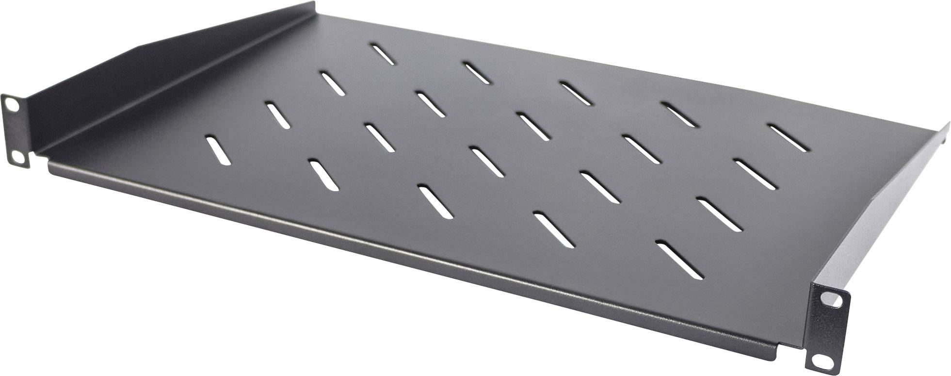 Étagère en métal avec points de fixation latéraux et fentes de ventilation, adaptée aux baies serveur ou électroniques.