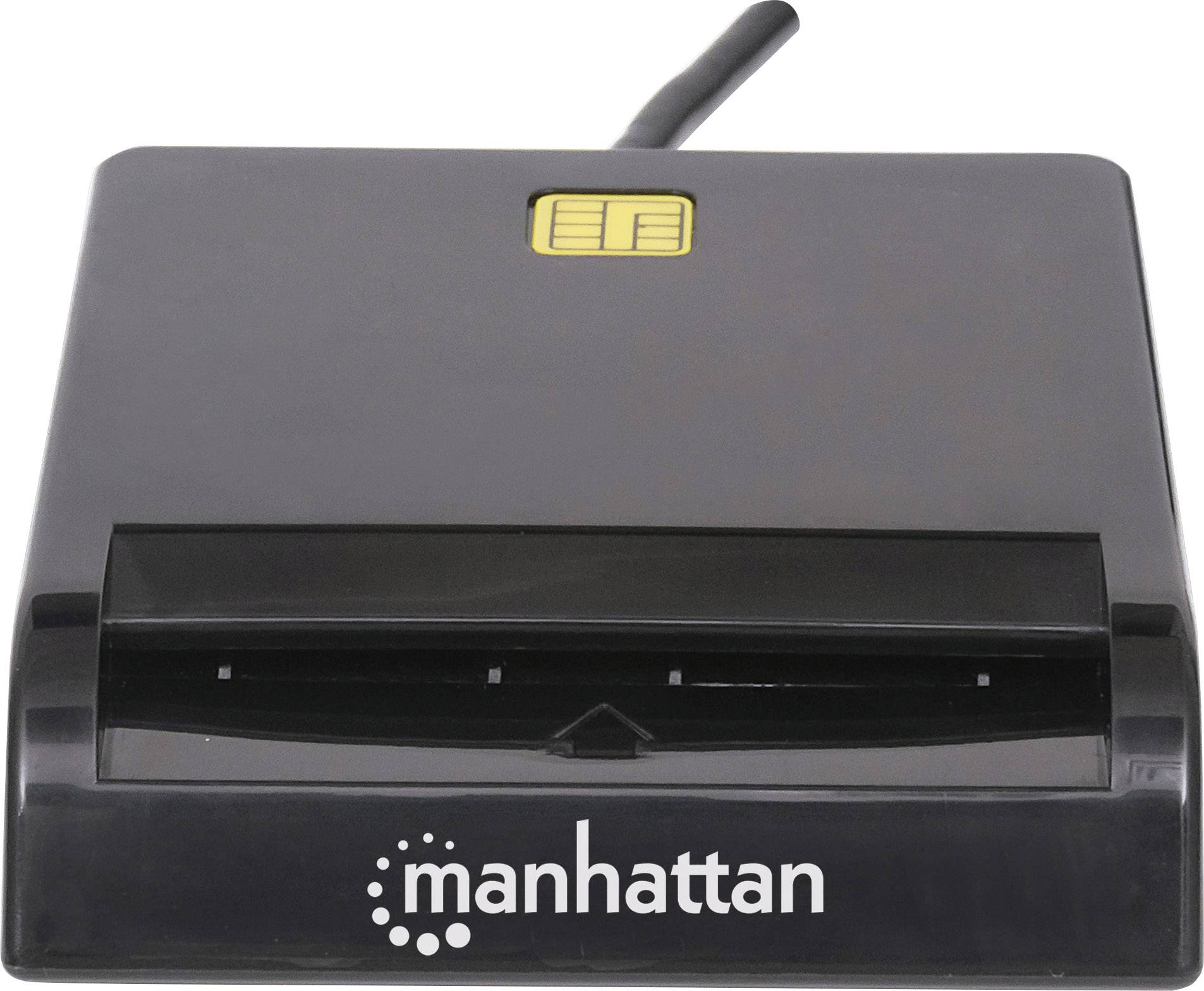 Un terminal de paiement de la marque 'manhattan' avec fente pour cartes et affichage LED sur le dessus, adapté aux paiements sans contact.