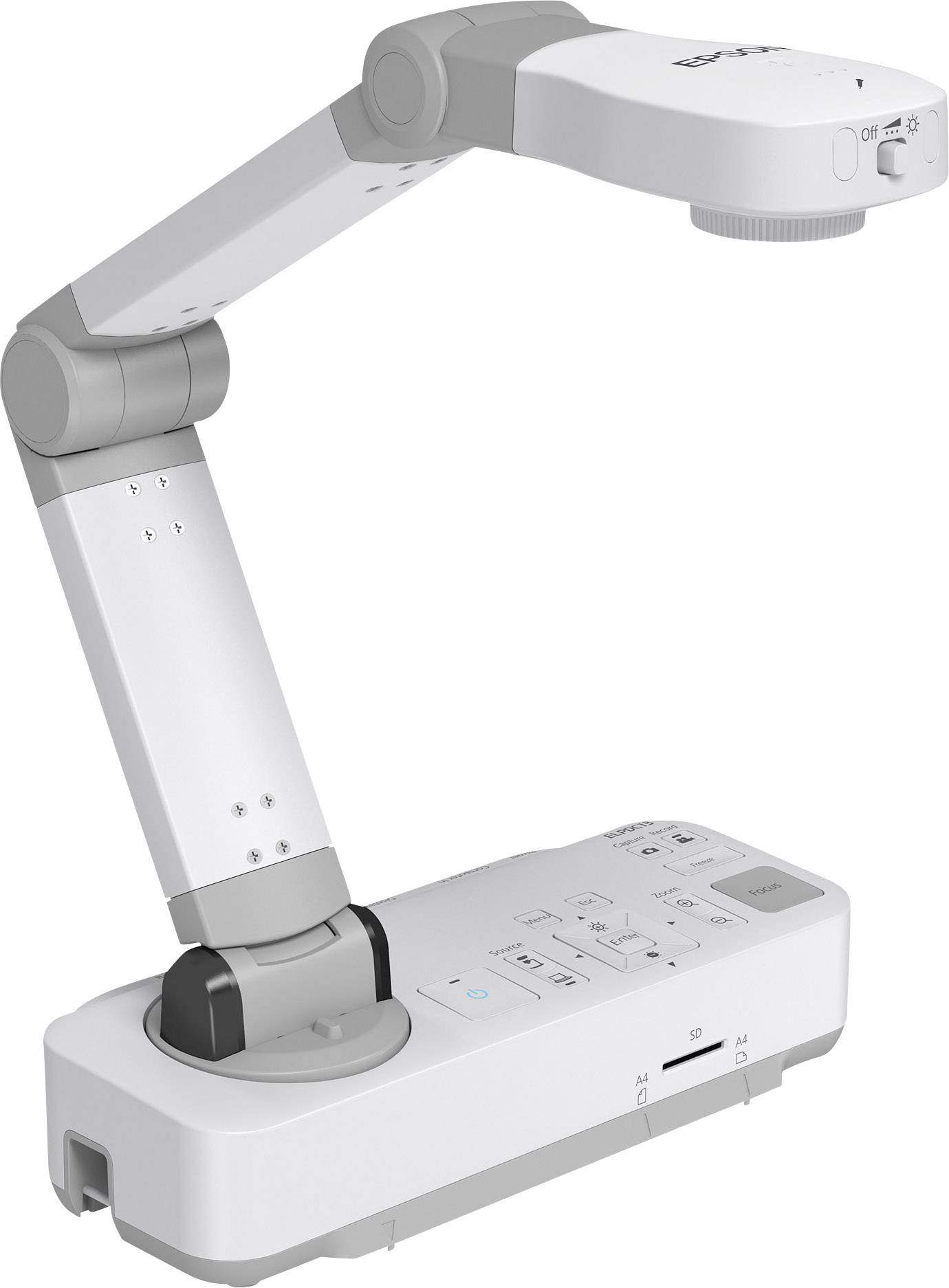 Un projecteur numérique avec bras pivotant et commandes pour la projection de documents et d'objets lors de présentations.