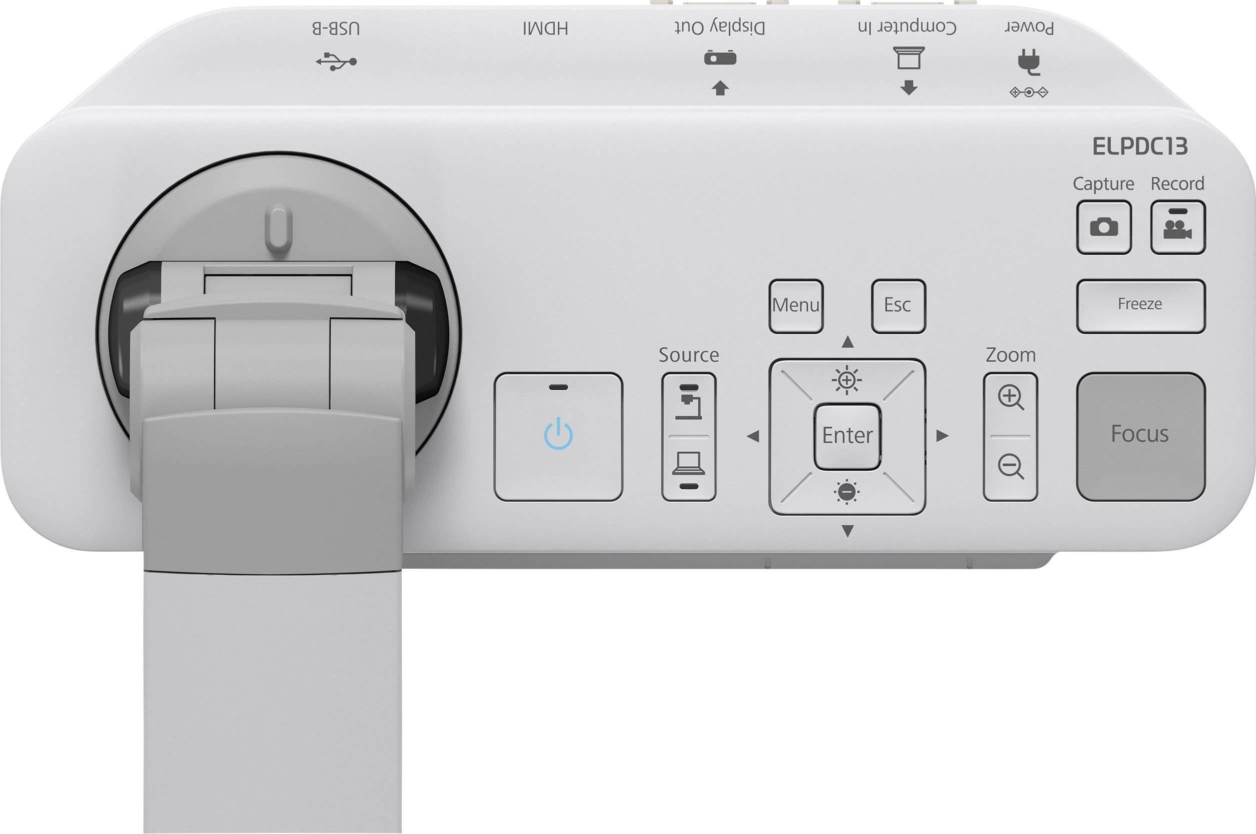 Panneau de commande d'un projecteur avec des touches pour le menu, la source, le zoom et la mise au point. Commandes de caméra et options d'enregistrement illustrées.