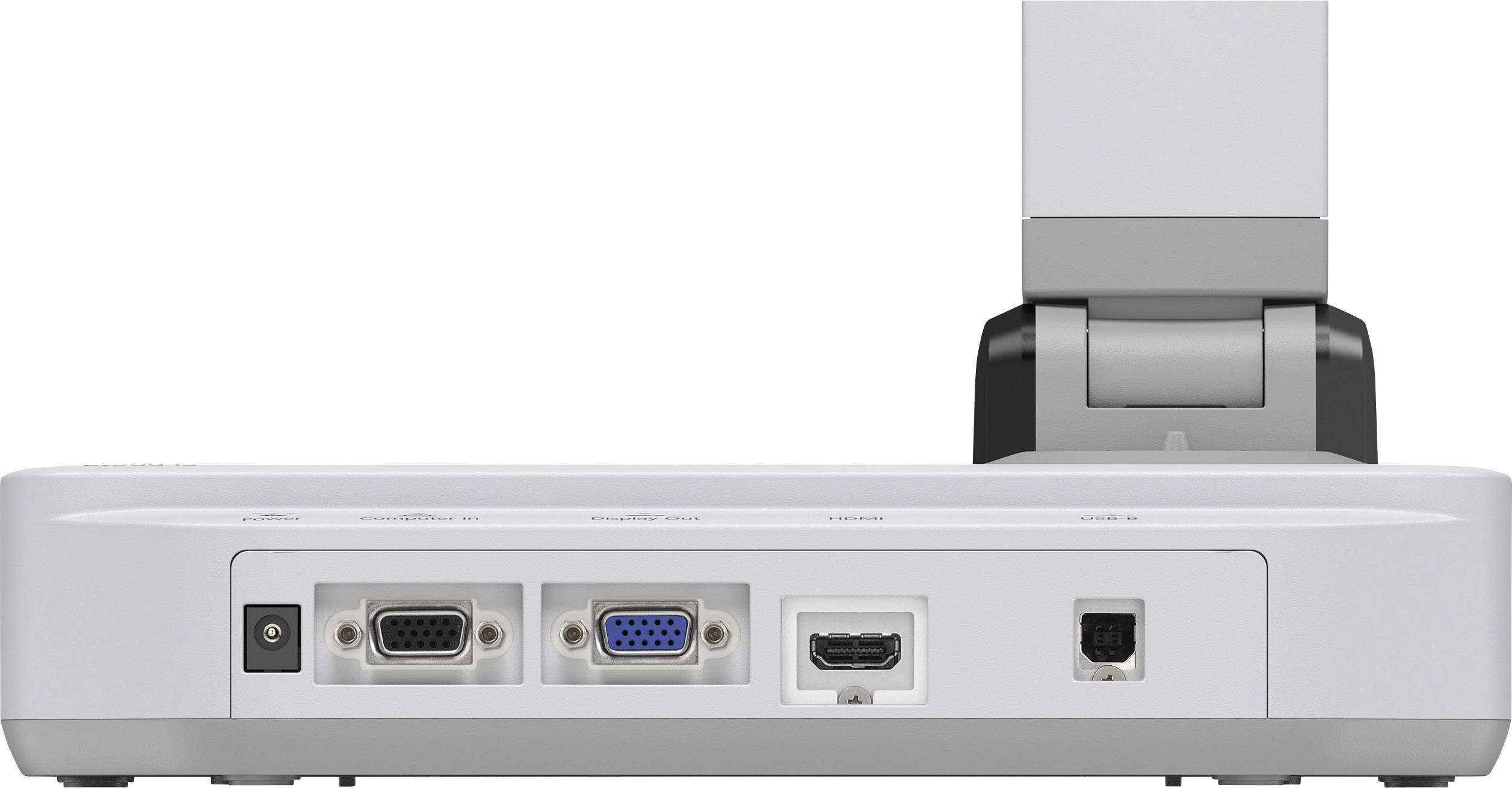Arrière d'un projecteur avec plusieurs ports, dont VGA, HDMI et ports réseau, ainsi qu'un support rabattu en haut.