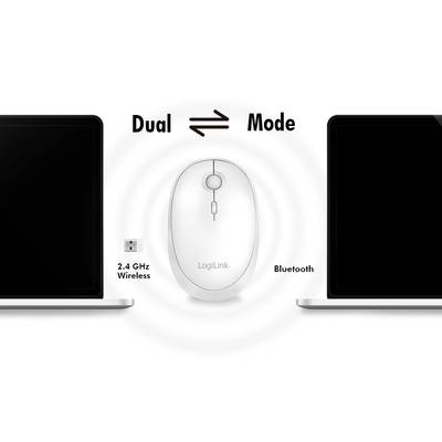 La souris 'Dual-Mode' montre une souris d'ordinateur sans fil positionnée entre deux ordinateurs portables, connectée via une technologie sans fil 2,4 GHz et Bluetooth.