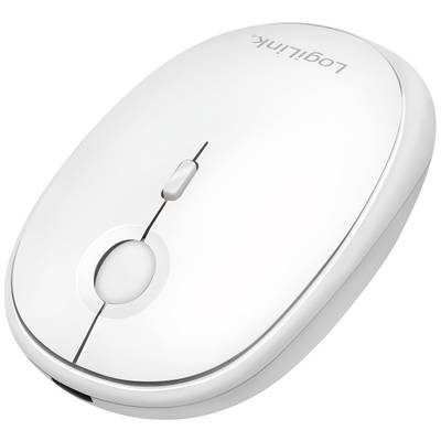 Souris d'ordinateur blanche, sans fil, avec deux boutons et une molette de défilement centrale, adaptée à une utilisation mobile.