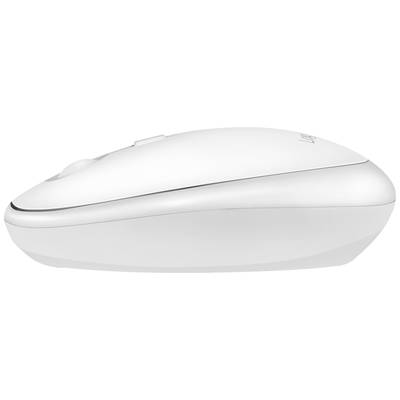 Souris d'ordinateur blanche sans fil, vue de côté, design élancé, minimaliste.