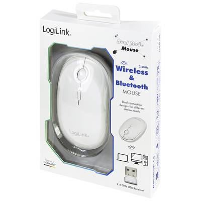 Emballage d'une souris sans fil blanche de LogiLink avec mode dual pour 2,4 GHz et Bluetooth. Prend en charge différents types d'appareils. Comprend un récepteur USB.