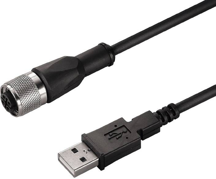 Un câble noir avec une fiche USB et un connecteur métallique rond à l'autre extrémité.